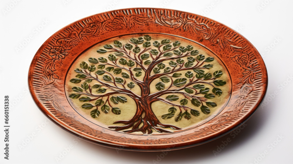 Texture of a Redware platter adorned with a traditional tree of life design. The clay has a smooth and semiglossy finish, with warm shades of brown and a hint of green. The tree of life
