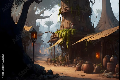 game concept art hyper details cinematic super detailed morrowind atmosphere market from wooden wagons food and bags around animals fun people wooden barrels Alien looking environment at background 