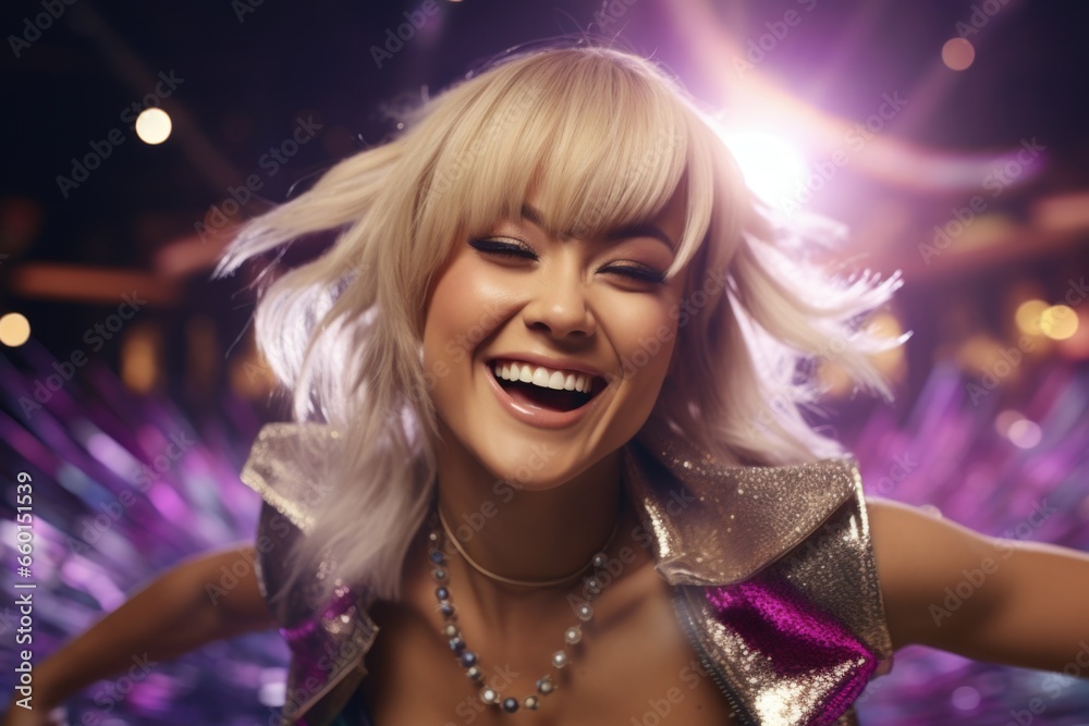 A picture of a woman with blonde hair who is smiling and dancing. This image can be used to depict joy, celebration, and freedom.