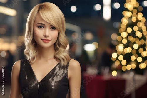 A woman wearing a black dress stands in front of a beautifully decorated Christmas tree. This image can be used to represent elegance and holiday festivities. © Fotograf