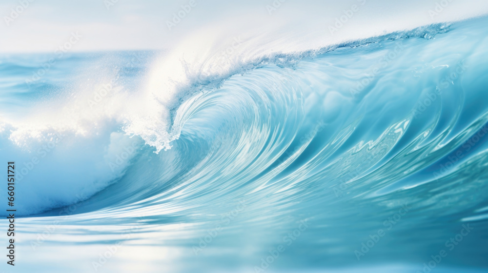 Closeup of a serene wave, its smooth surface glistening in the sunlight and adorned with a delicate layer of froth.