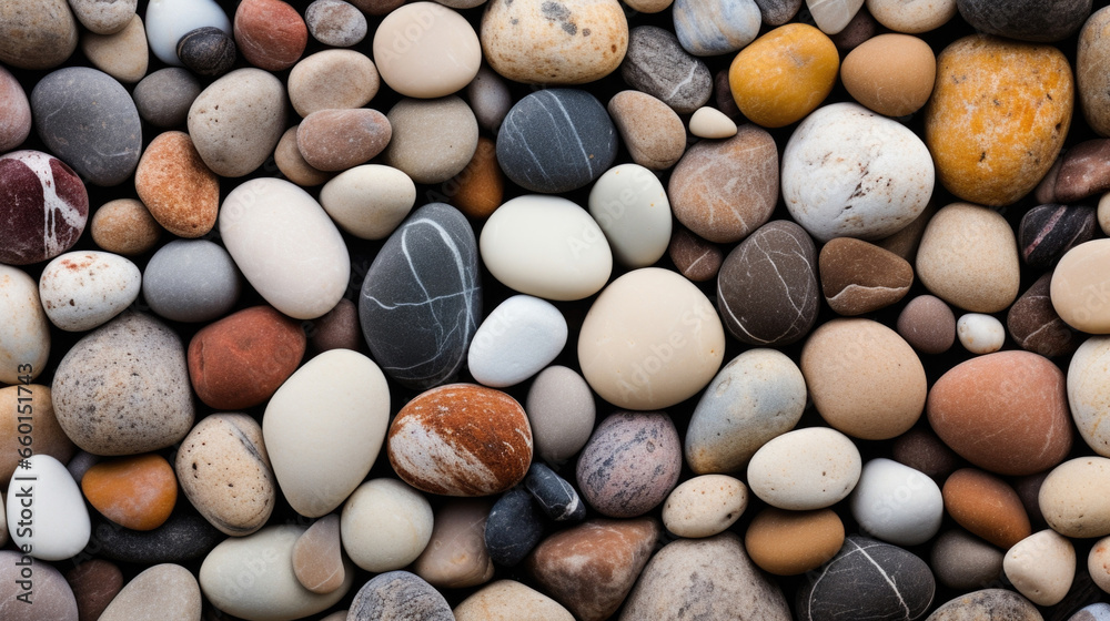 Closeup of weathered pebbles on the riverbed These pebbles have a worn and weathered appearance, with various cracks and lines running through them. The riverbed itself is lined with larger Closeup of weathered pebbles on the riverbed These pebbles have a worn and weathered appearance, with various cracks and lines running through them. The riverbed itself is lined with larger