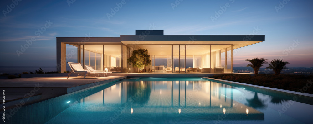 Modern house with pool - obrazy, fototapety, plakaty 