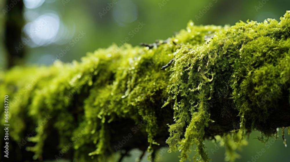 Closeup of mossy green Tree Moss engulfing a branch, lending a rough and textured appearance to the otherwise smooth surface.