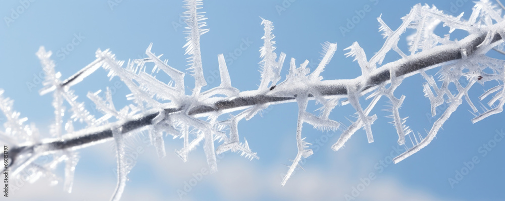 Closeup of thin, needlelike crystals forming a frosty layer atop a snowcovered branch.