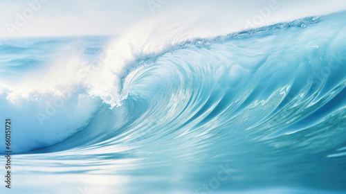 Closeup of a serene wave, its smooth surface glistening in the sunlight and adorned with a delicate layer of froth.
