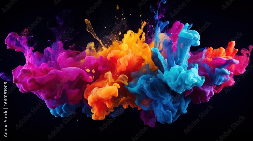 Colorful, vibrant liquid explosion under water on black background. Abstract backdrop with color splashes. Underwater explosion paint - obrazy, fototapety, plakaty 