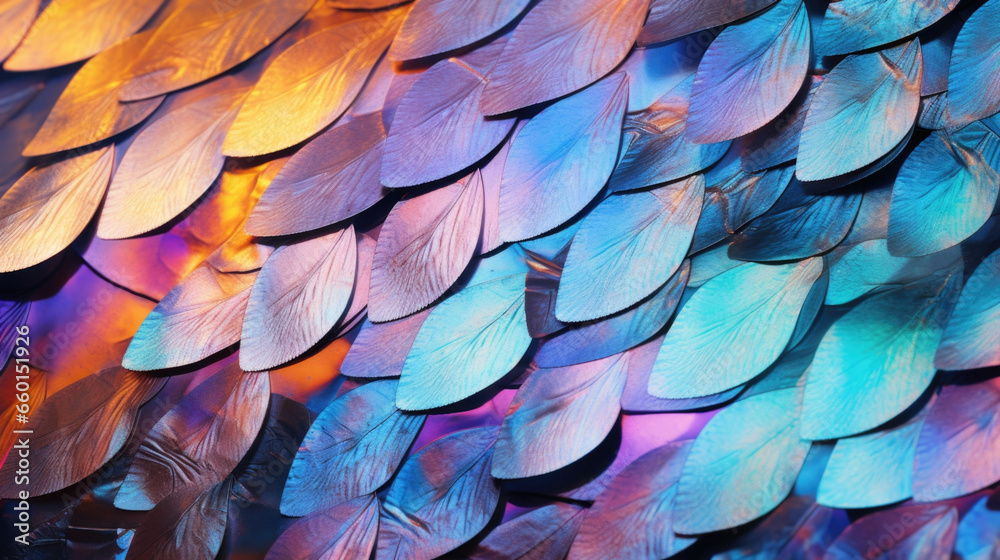 Obraz premium Closeup of iridescent erfly wing scales with a holographiclike pattern. The scales have a smooth, almost liquidlike texture and give off a dazzling, rainbowlike shine.