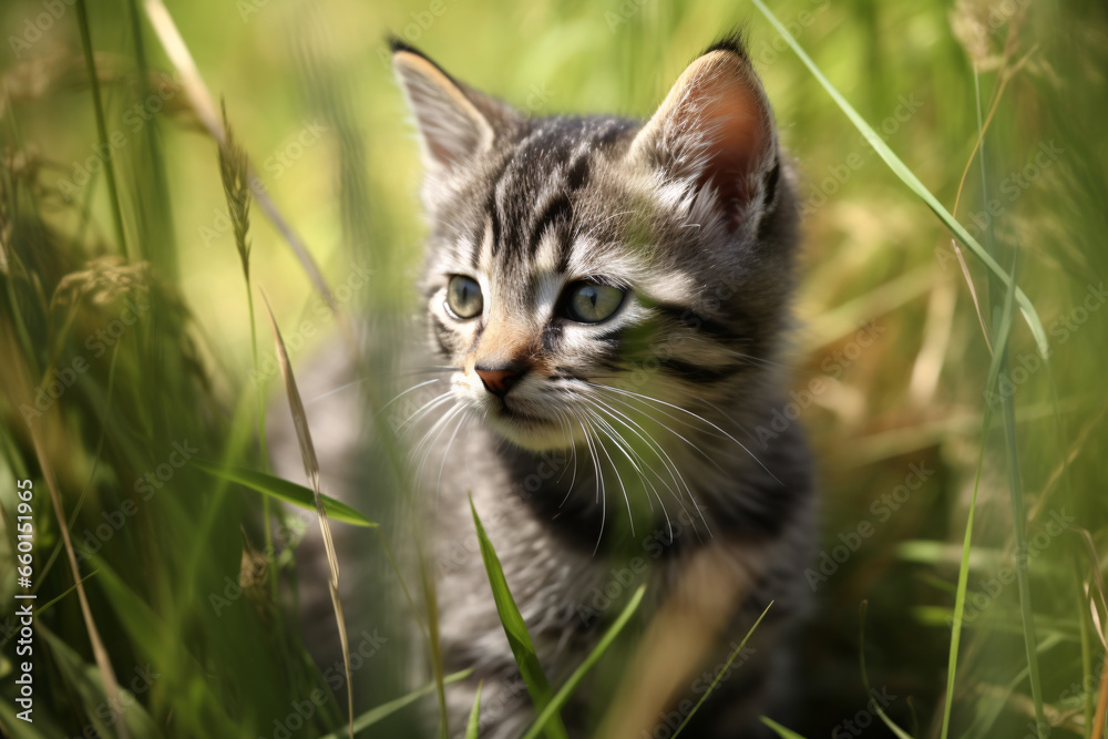 Kleine, junge, grau getigerte Katze im sommerlichen Gras, Generative AI, KI