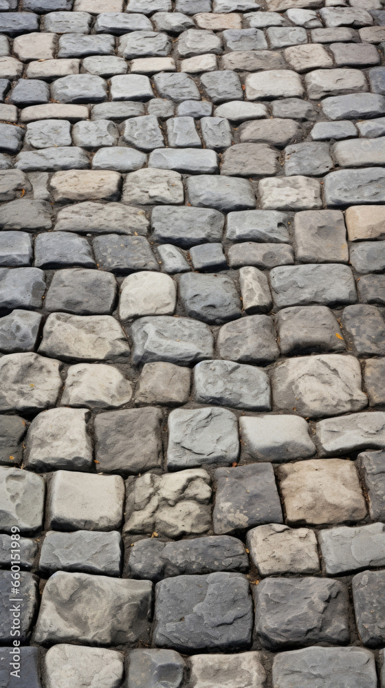 Texture of a rustic cobblestone street, with mismatched, irregularly shaped stones and a rustic, aged appearance.