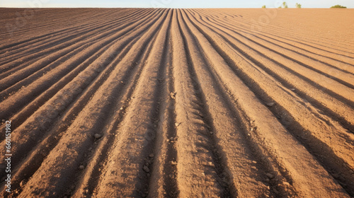 Texture of Wide Plowed Rows In this texture, the furrows are much wider than average, creating a broad and flat surface. The soil is smooth and compacted, with clear definition between the