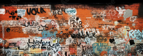 Texture of a brick building covered in graffiti, with tags and characters spanning multiple stories. The rough texture of the bricks adds depth and dimension to the graffiti. © Justlight