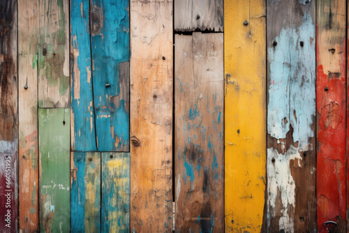 Closeup of a graffiticovered wooden fence, with layers of overlapping tags and vibrant colors. The wood is weathered and worn, adding to the gritty and urban feel of the graffiti.