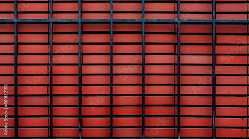 Texture of a brick and iron fence combination, with alternating layers of red bricks and black iron bars. The contrast between materials creates a unique and eyecatching design. This fence