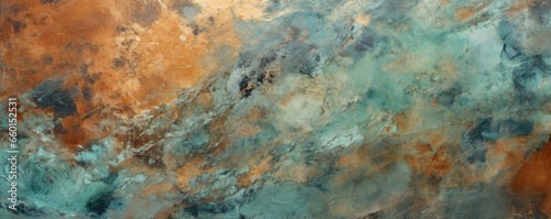 Closeup of a spotted copper patina, featuring a mix of dark and light splotches tered across the surface. The varying shades of blue and green give the texture depth and dimension.