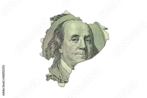 map of ecuador on a american dollar money texture on the white background. finance concept.