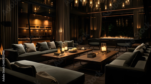 A lavish cinema lounge area with a coffee table sectional sofa and warm ambient lighting. © Finn