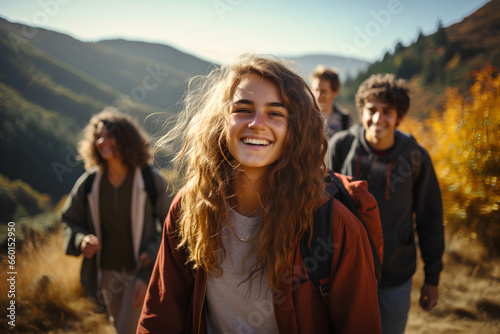 A group of teenagers hiking and enjoying nature, a group of young friends exploring the great outdoors, embracing an active lifestyle in nature