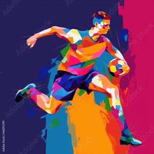 Man playing football / soccer with a soccer ball - Fauvism style painting in oil paint with natural textures, bright patterned colours, symbolic— Wall print or poster for interior design © dreamalittledream