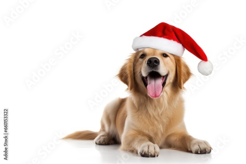 Cute cheerful purebred Golden retriever dog in a Christmas Santa Claus hat on a white background with copy space. New Year postcard, background with pet. Merry Christmas. Banner, advertising, poster. © Jafree
