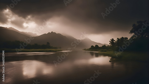 Landscape view of the river and mountain in the morning with clouds