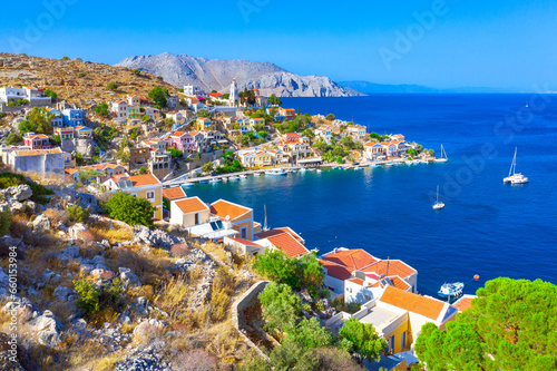 Colorful houses village in Symi island, Dodecanese islands, Greece. photo