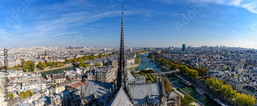 Panoramic view of the center tower from the top of Notre Dame Cathedral in Paris, France