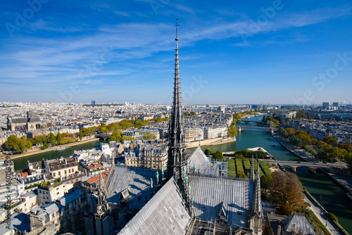 View of the center tower from the top of Notre Dame Cathedral in Paris, France