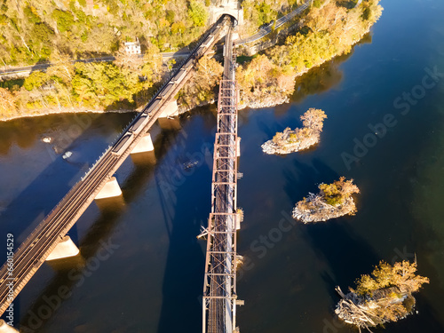 train carrying coal on a bridge over the Potomac River enters a tunnel in the historic town of Harpers Ferry.
