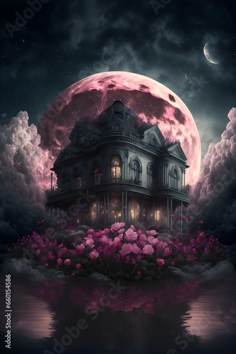 dreamland setting of dark clouds and pink flowers leading up a huge crystal mansion nightsky shining moon behind the clouds highly detailed photorealistic hyper realistic intricate detailed 