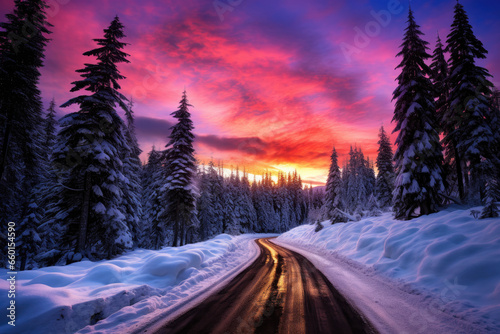 Road leading towards colorful sunrise with snow covered trees © thejokercze