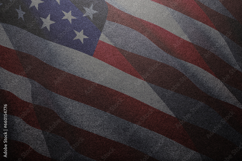 Black textured background with image USA flag. American holiday poster. Banner, flyer, sticker, greeting card, postcard. Black textured background with image USA flag. American holiday poster. Banner, flyer, sticker, greeting card, postcard.
