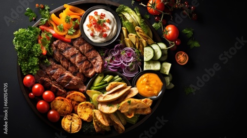 Assorted dinner spread pan fried meat and veggies salad and snacks, top view