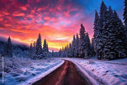 Road leading towards colorful sunrise with snow covered trees © thejokercze