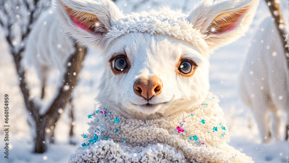 Cute cartoon deer in a scarf in the snow