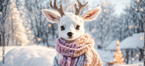 Cute cartoon deer in a scarf in the snow © tanya78