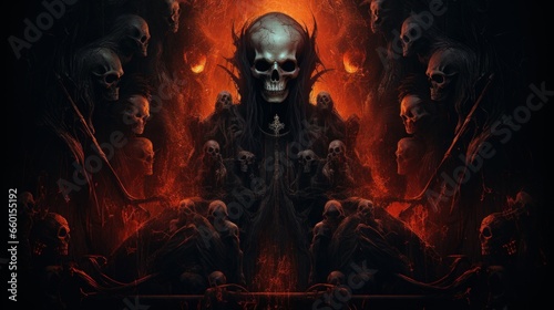 Halloween-themed movie poster art with skulls and demons, red colors