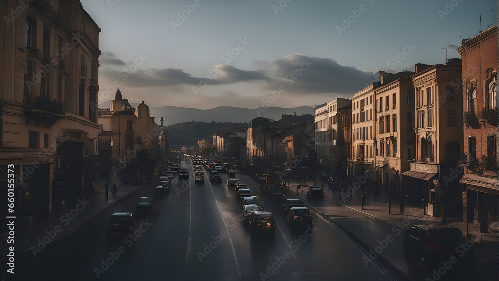Traffic on a city street in the evening. 3d rendering