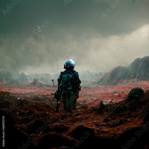 a terran army soldier staring across a wartorn alien landscape scifi hyper realistic 8k render 