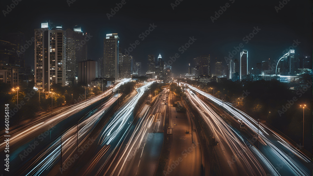Highway in the city at night. Long exposure shot with long exposure.
