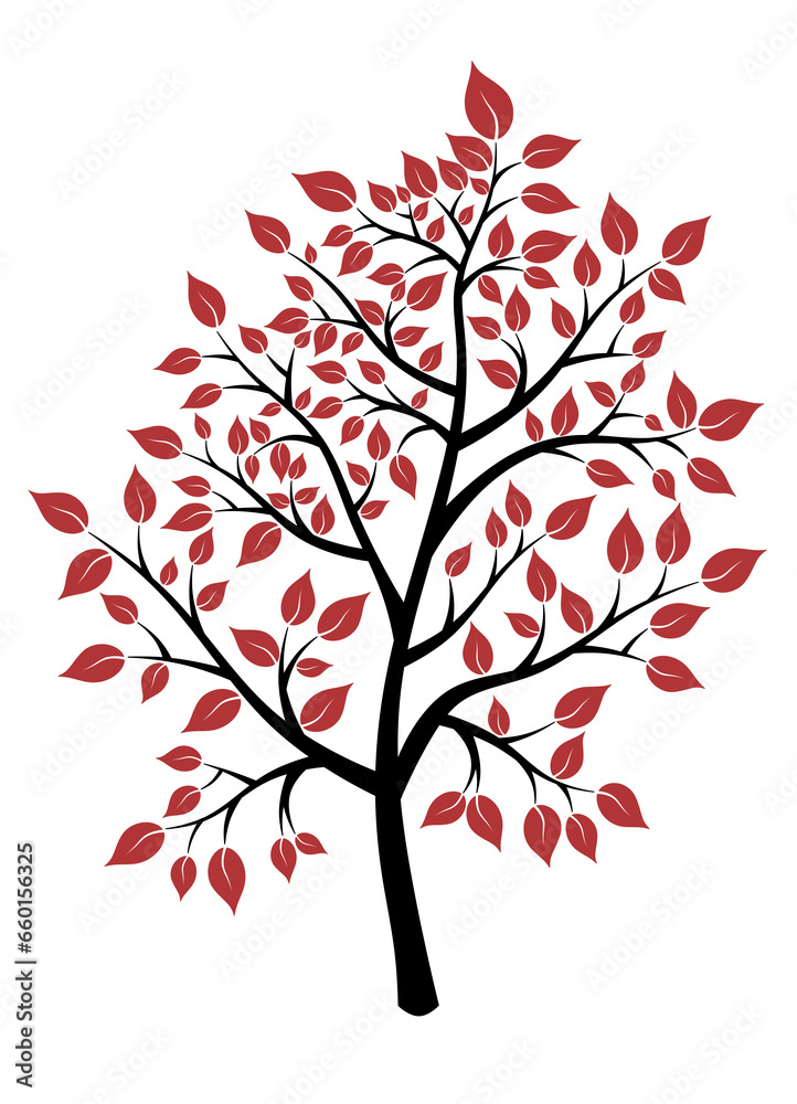 Isolated ebony tree with red leaves. Concept of nature conservation and environmental pollution. Drawn branches with leaves.