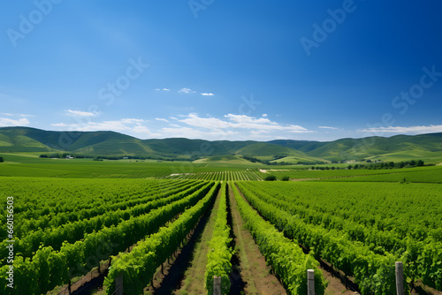 Lush vineyards stretching out as far as the eye can see under a clear blue sky.