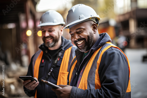 Smiling construction workers checking their smartphones and tablets at a construction site