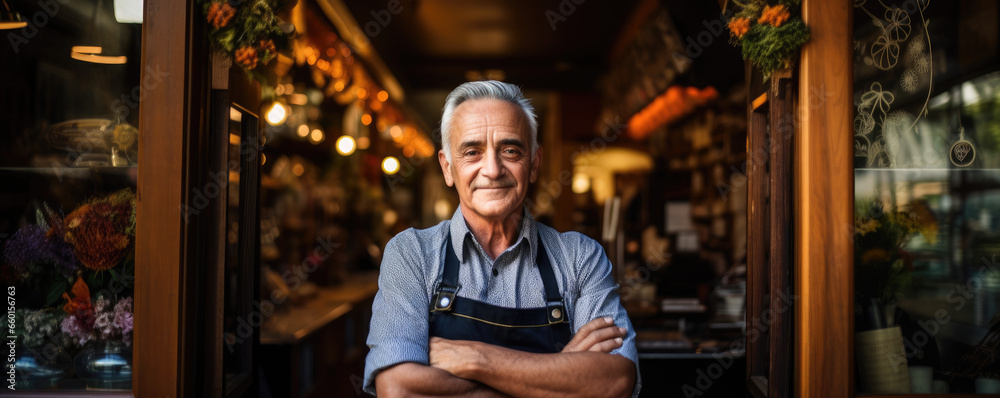 Small business owner at entrance looking at camera Small business owner at entrance looking at camera