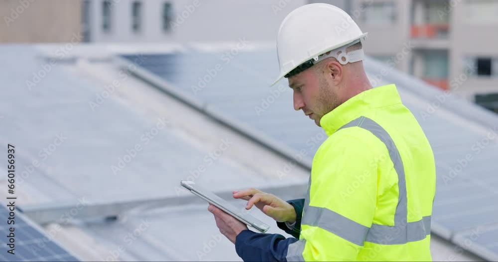 Engineering, man and tablet for solar panels, rooftop power and heating with sustainability and eco friendly planning. Technician scroll on digital technology, grid research and outdoor installation Engineering, man and tablet for solar panels, rooftop power and heating with sustainability and eco friendly planning. Technician scroll on digital technology, grid research and outdoor installation