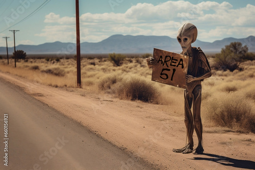 Alien hitch-hiking by the side of the road and holding a sign that says "Area 51" in New Mexico