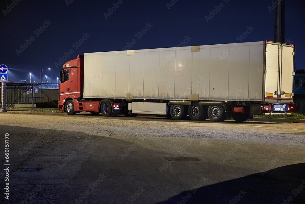 Cargo Truck Stopped at Night