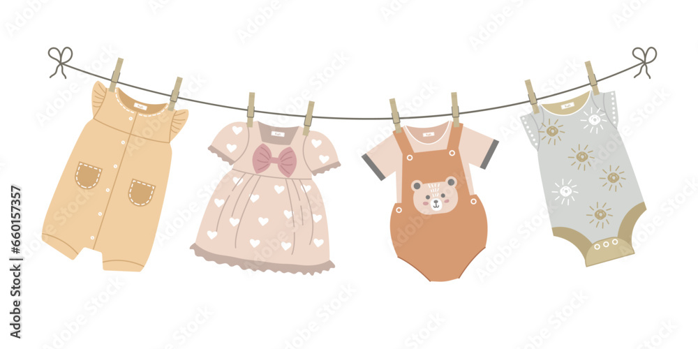 Cartoon cute children's clothes dry on a line with clothespins. Hand drawn vector illustration of baby dress, romper. Clean washed clothes on the dryer. Cartoon cute children's clothes dry on a line with clothespins. Hand drawn vector illustration of baby dress, romper. Clean washed clothes on the dryer.