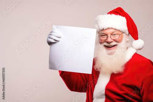 Smiling Santa Claus pointing on blank advertisement banner © thejokercze