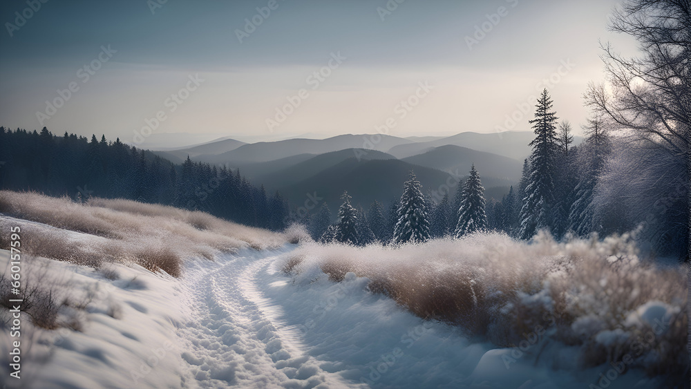 Beautiful winter landscape with snowy road in the Carpathian mountains